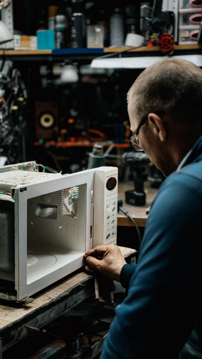 An adult male fixing a microwave in a cluttered workshop, focusing on repairs.
